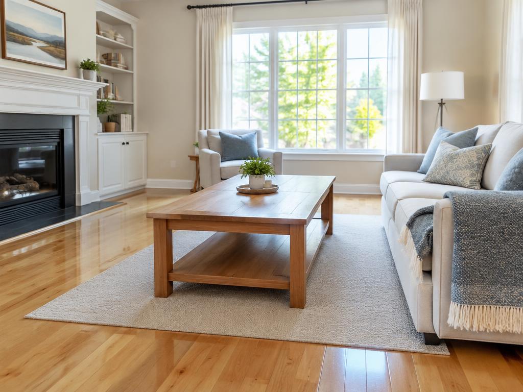 After cleaning: living room hardwood floor, rug and coffee table
