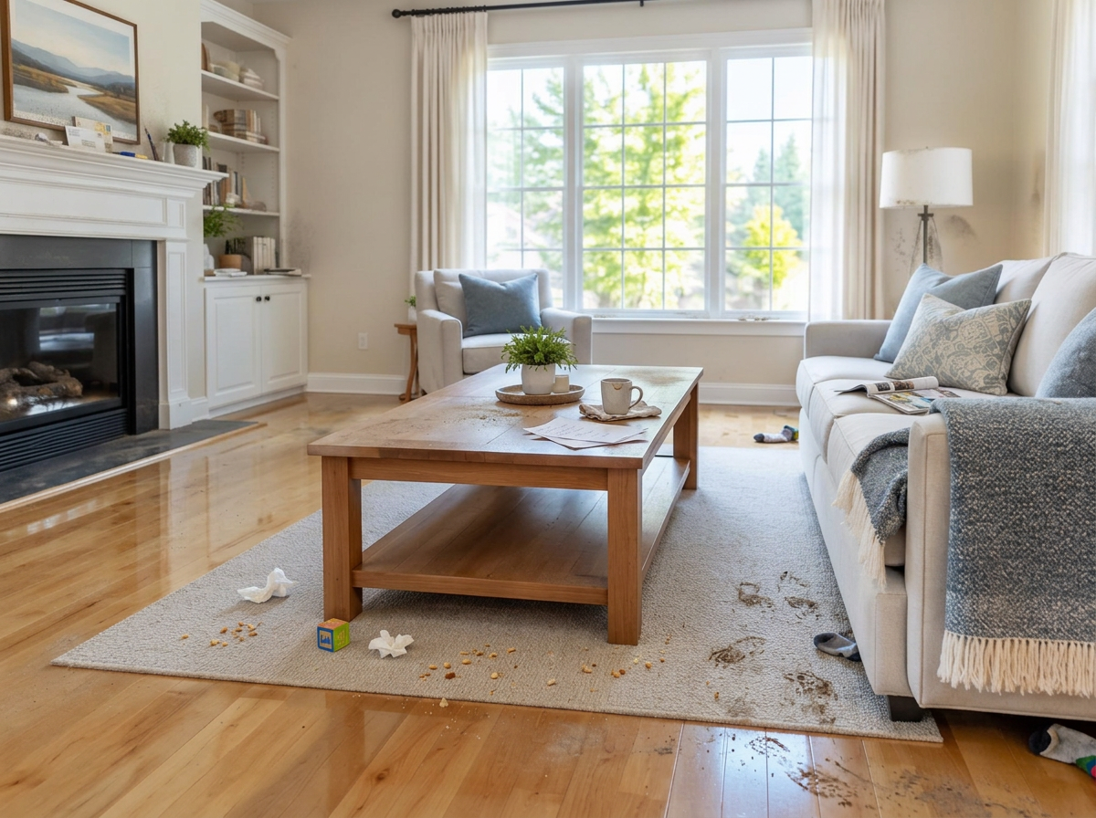 Before cleaning: living room hardwood floor, rug and coffee table